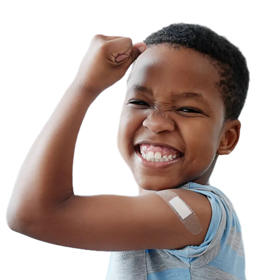 Pediatric Vaccine Confidence | Prestige Health Partners Smiling child flexes arm with bandage after vaccination in blue striped shirt Prestige Health Partners pediatric immunization